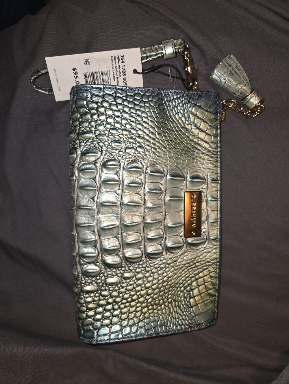 Brahmin Teal Wristlet Clutch with Gold Hardware